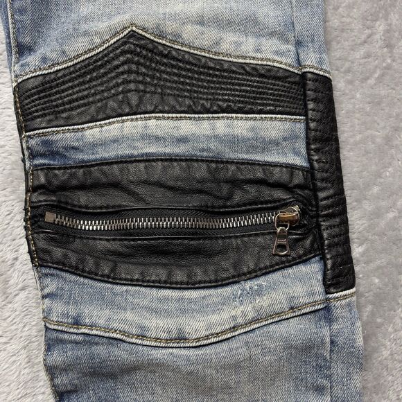 MNML Men’s Moto Biker Distressed Leather Knee Skinny Jeans Size 29x33 - Picture 9 of 15